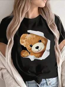 Mangas Cortas Camiseta With Cute Teddy Bear Diseño Gráfico Lightweight And Durable Design For Casual Wear In Home Cafe Or Outdoor Settings Comfortable Fit For Daily Use - Negro - Ver 2