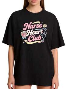 Camisetas de talla grande para mujer - Camiseta de cuello redondo 100% de talla grande para mujer, estilo casual vintage, estampado con diseño de Nurse Love Club, adecuada para verano y otoñ - Negro - Ver 1