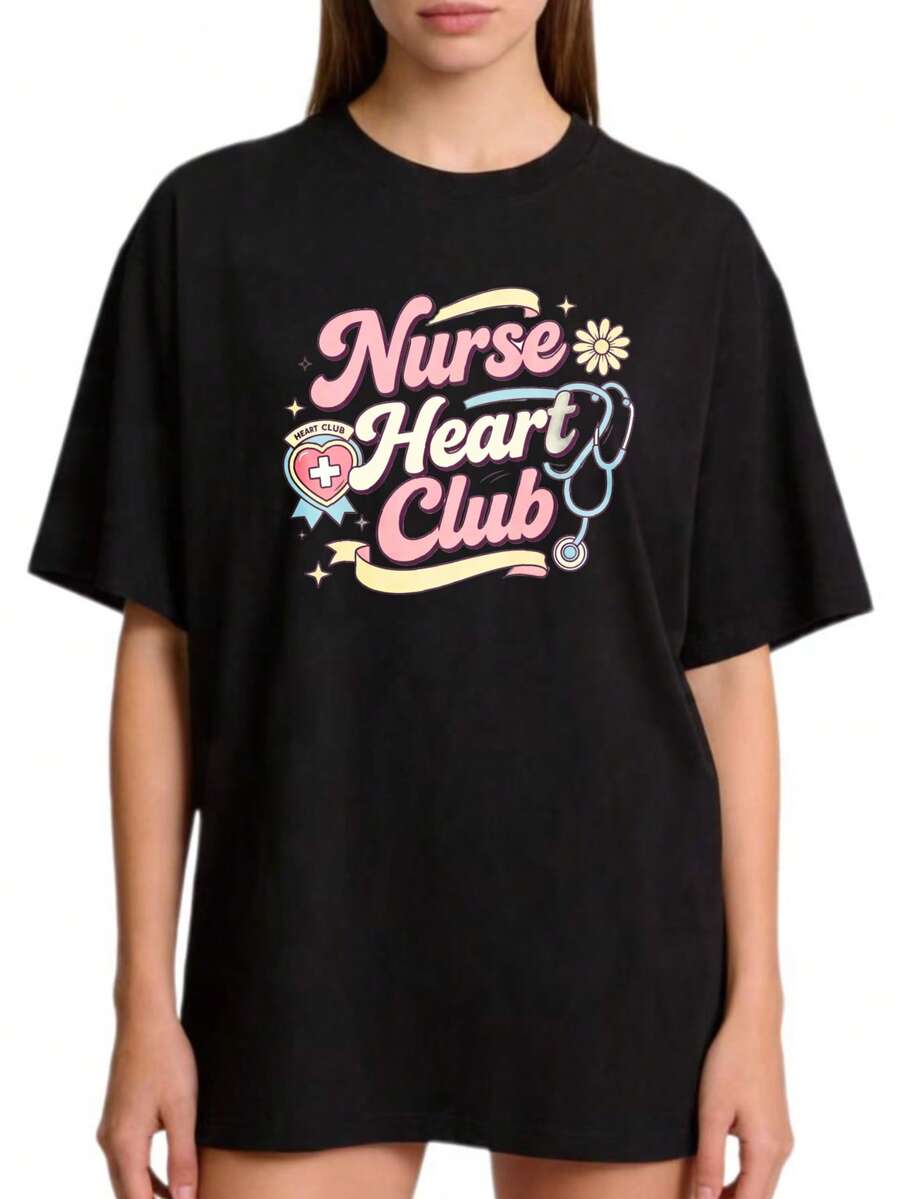 Camisetas de talla grande para mujer - Camiseta de cuello redondo 100% de talla grande para mujer, estilo casual vintage, estampado con diseño de Nurse Love Club, adecuada para verano y otoñ - Negro - Ver 1