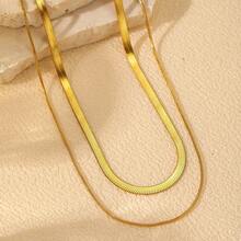 1pc European And American Fashion Personalized Retro Double Layer Snake Bone Stacked Collarbone Chain Vacuum Plated Gold Stainless Steel Couple Necklace Suitable For Daily Commute/All Season Wear Jewelry - Gold - View 2