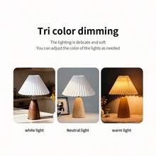 1PC Modern Creative Pleated Table Lamp, Walnut Wood Cone-Shaped Pleated Retro Bedside Lamp With Faux Wood Grain, INS Decorative Atmosphere Lamp, Dimmable, Button Control, Bedroom, Living Room, Office Table Lamp, USB Powered Bedside Lamp - Walnut Conical Table Lamp - Three-color Dimming - View 6