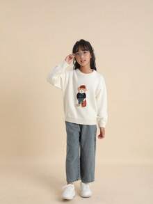女童圆领小熊刺绣长袖毛衣，秋冬 - 杏色 - 查看 3