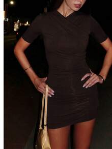 Daleeva Women Ruched Solid Party Going Out Summer Vacation Casual Dress Elegant - Coffee - View 3