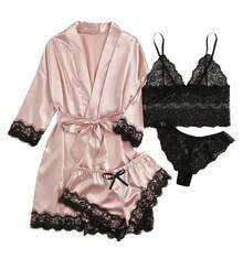 Pijamas sexys para mujer, camisones, lencería, pantalones cortos, camisola de encaje de 4 piezas, conjunto de pijama, bata para el hogar, camisones, ropa de ocio - Negro - Ver 2