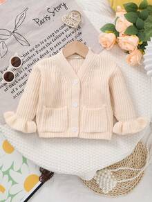 Baby Girl Autumn/Winter Soft Cute Ruffle Sleeve + Delicate Pocket Design Knitted V-Neck Cardigan Sweater - Beige - View 1