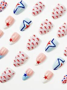 24pcs Short Almond Nail, Simple Blue And White French Nail, Pentagram, Polka Dot Press Fake Nail, Women's Daily Nail Products, Independent Daily Nail Set+2 Nail Accessory Small Tools Nails - Multicolor - View 3