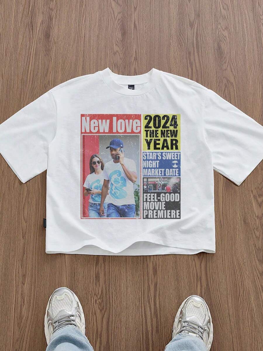Camiseta SWAVVY de Corte para Hombre, Talla Estándar, Blanca, con Estampado de Periódico, para Verano J82J - Blanco - Ver 1