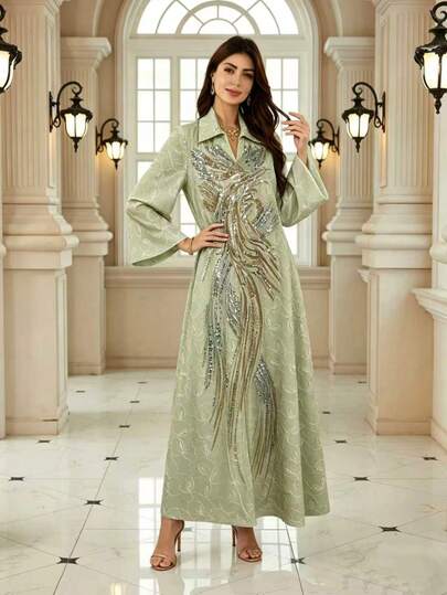 Robe caftan élégante pour femmes en maille brodée, col montant, petit col en V, manches longues