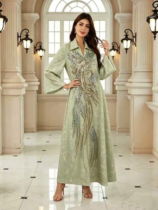 Women's Mesh Embroidered Small V-Neck Stand Collar Long Sleeve Dress Elegant Kaftan
