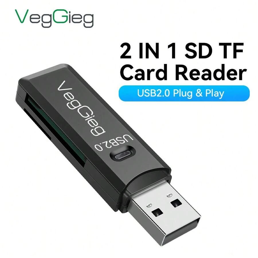 Pembaca Kartu SD/TF USB 2.0 VegGieg 2-in-1 Slot Ganda Pembaca Kartu Memori Kecepatan Tinggi Kompatibel dengan Kamera, Ponsel, Laptop, Pasang dan Mainkan - View 1
