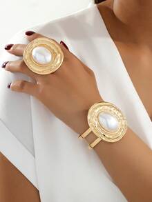 1 Set/2pcs Gorgeous Fashionable Exaggerated Design Metal Oval Inlaid Faux Pearl Geometric Open Adjustable Bracelet + Ring Women's Jewelry Set - Geometric Bracelet and Ring Set - View 1