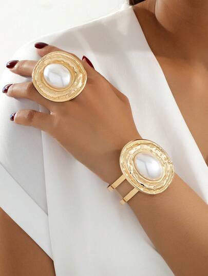 1 Set/2piezas Conjunto de Joyería para Mujer con Diseño Exagerado y Elegante, Brazalete Abierto Ajustable y Anillo de Metal Ovalado con Incrustaciones de Perlas Falsas Geométricas