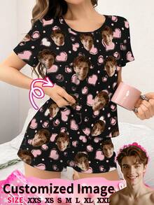 2 Pieces Custom Face Photo Heart Print Women's Pajama Set - Casual Loungewear Home Wear Valentine's Day Romantic Gift - Black - View 1