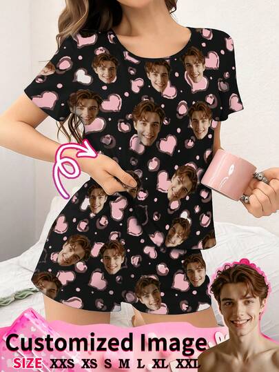 2 Pieces Custom Face Photo Heart Print Women's Pajama Set - Casual Loungewear Home Wear Valentine's Day Romantic Gift