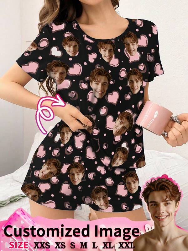 2 Pieces Custom Face Photo Heart Print Women's Pajama Set - Casual Loungewear Home Wear Valentine's Day Romantic Gift