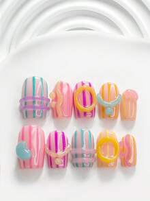10片夏季手工穿戴甲，Polygel美甲套組，甜甜圈風格，粉色、黃色、藍色、粉紫色，極簡風，含美甲工具，3種尺寸可選，方型、短方型、杏仁型，適合派對、跳舞、日常配戴 - 彩色 - 查看 4