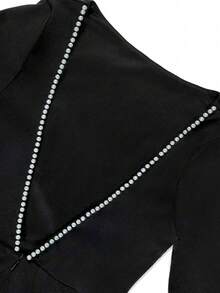 Women's Summer Fashion Deep V-Neck Backless Pearl Long Sleeve Fitted Midi Dress, Black Embellished Sexy Nightclub Birthday Evening Cocktail Dress - Black - View 9