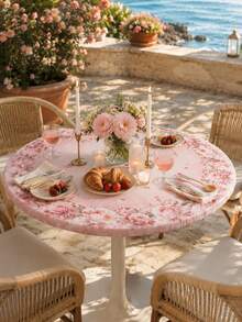 1Pc Pink Rose Round Stretch Tablecloth, Elegant Polyester Elastic Fitted Table Cover, Floral Wreath Print Washable Dustproof Table Protector Slipcover For Dining Table, Kitchen, Wedding, Party, Spring Home Decor - Multicolor - View 1
