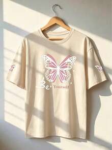 蝴蝶 Be Yourself 圖案 Y2K 風格印花 T 恤，勵志語錄休閒短袖，街頭風夏季上衣 - 杏色 - 查看 6