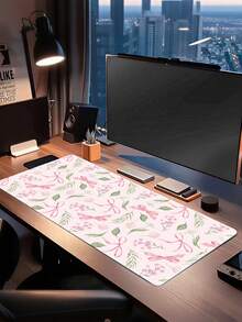 Girl Style Watercolor Pink Bow Floral Oversized Gaming Mouse Pad, Wildflower Tulip Leaf Print XXL Desk Mat, White Background Romantic Plant Non-Slip Rubber Keyboard Pad, Girl Office Desk Decor - View 3