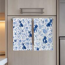2件裝藍白瓷法鬥花卉印花 40*60cm 長方形超細纖維廚房毛巾，抹布、桌巾、手巾，廚房裝飾、居家裝飾，送給鄰居的喬遷禮物，適用於廚房與浴室，適合家庭主婦與家庭聚會，居家必需品 - 青檸色 - 查看 7