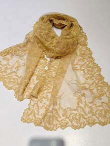 1pc Solid Color Knitted Embroidered Floral Lace Shawl/Scarf - Multicolor - View 20