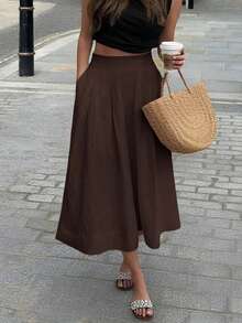 Women's Versatile Solid Color White Skirt, Casual Style For Spring/Summer, Suitable For Dates, Outings, Vacations, Graduations And Back To School - Dark Brown - View 3