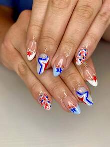 24pcs Short Almond Nail, Simple Blue And White French Nail, Pentagram, Polka Dot Press Fake Nail, Women's Daily Nail Products, Independent Daily Nail Set+2 Nail Accessory Small Tools Nails - Multicolor - View 1