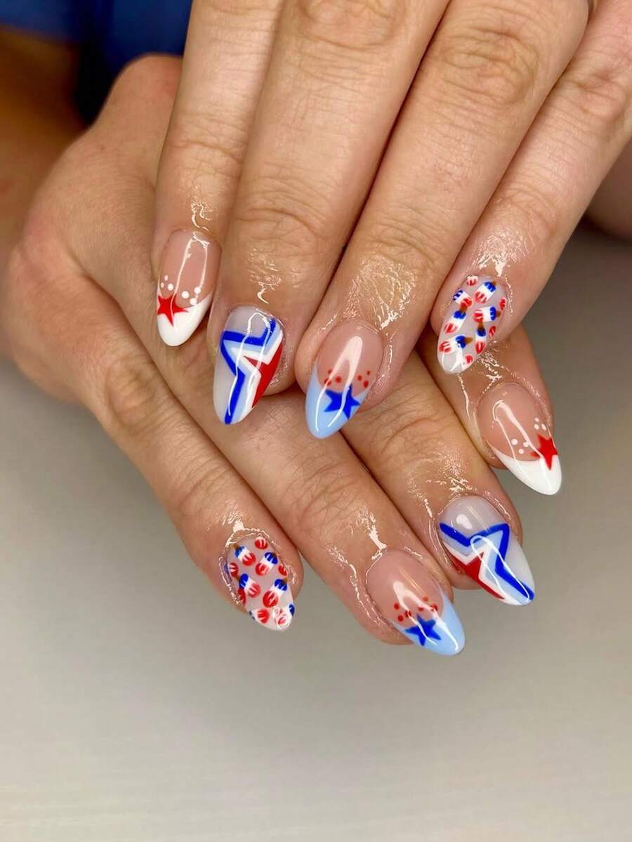 24pcs Short Almond Nail, Simple Blue And White French Nail, Pentagram, Polka Dot Press Fake Nail, Women's Daily Nail Products, Independent Daily Nail Set+2 Nail Accessory Small Tools Nails - Multicolor - View 1