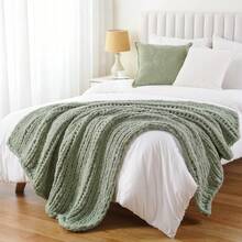 Sage Green Chunky Knit Throw Blanket,Handmade Cable Knit Crochet Blanket,Soft Thick Chenille Throw Blankets For Spring Living Room Decor,50"X60" - 淺綠色 - 查看 4