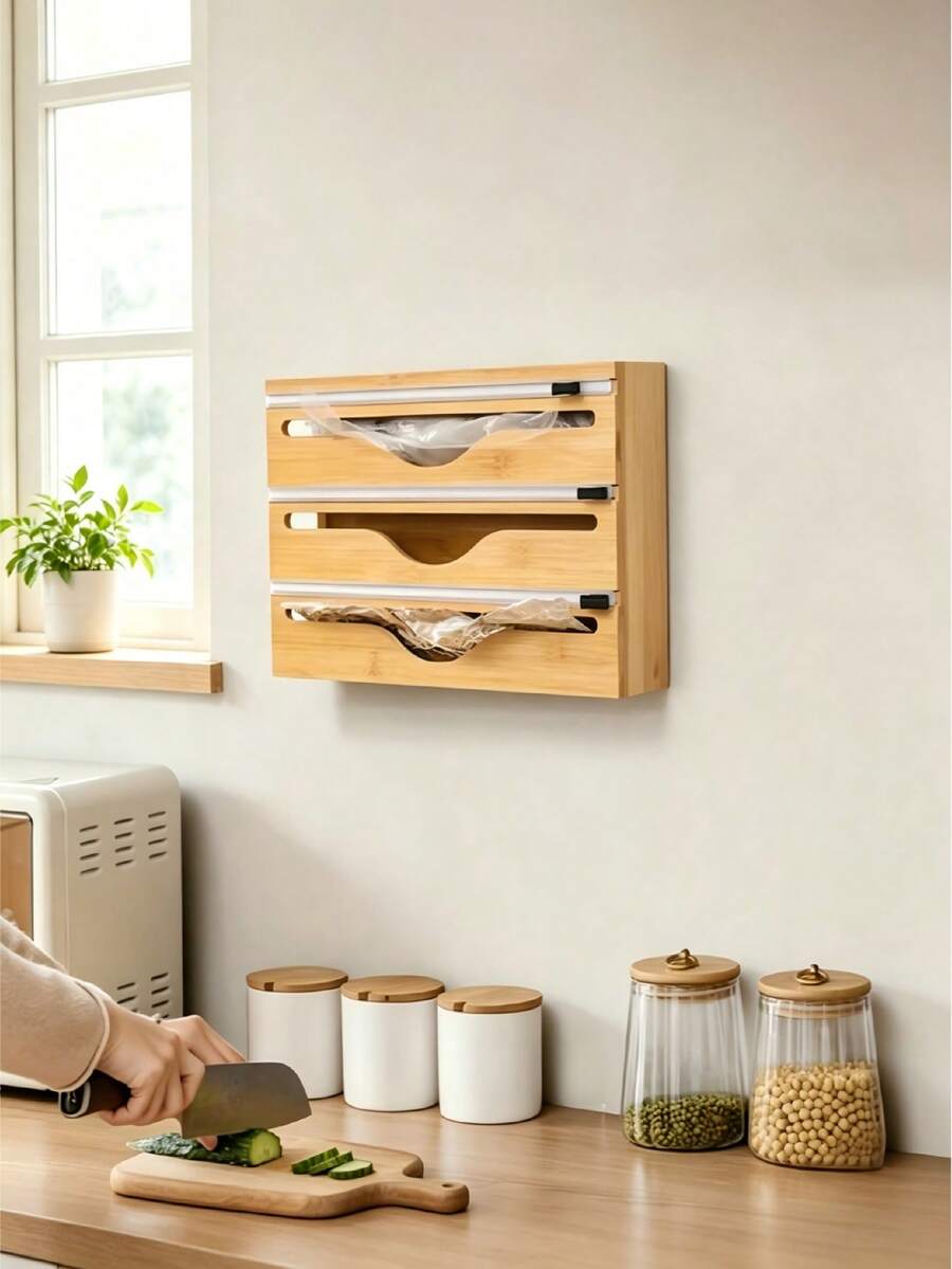 Multi-Purpose Plastic Wrap Dispenser With Cutter And Labels, Bamboo Dispenser For Plastic Wrap, Aluminum Foil And Wax Paper For Kitchen Drawers, Bamboo Roll Organizer - View 1
