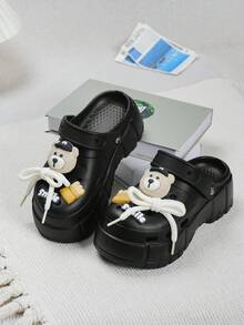 ASOFTER Women's Thick Sole Hollow Sandals, New Spring/Summer Design With Bear Pendant, Fries & Lace Decor, Suitable For Casual, Dating, Commuting, Fashion & Versatile - Black - View 4