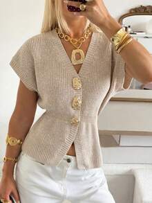 Vintage Luxury V-Neck Knit Short Sleeve Cardigan Women's Summer New Slimming Waist Metal Button Elegant Commute Top - Apricot - View 1