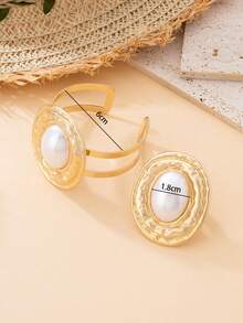 1 Set/2pcs Gorgeous Fashionable Exaggerated Design Metal Oval Inlaid Faux Pearl Geometric Open Adjustable Bracelet + Ring Women's Jewelry Set - Geometric Bracelet and Ring Set - View 3
