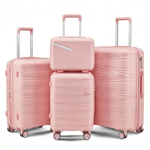 4-Piece Hard-Shell Luggage Set Made Of PP, Travel Suitcase Set (20/24/28 Inch) With 14" Cosmetic Case, Removable Wheels For Space-Saving Storage, Lightweight & Robust Combination Lock - Pink - View 1