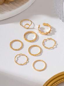 8pcs/Set Textured Thin Ring Stacking Rings, Minimalist Versatile Casual Commute Style For Summer - Yellow Gold - View 4