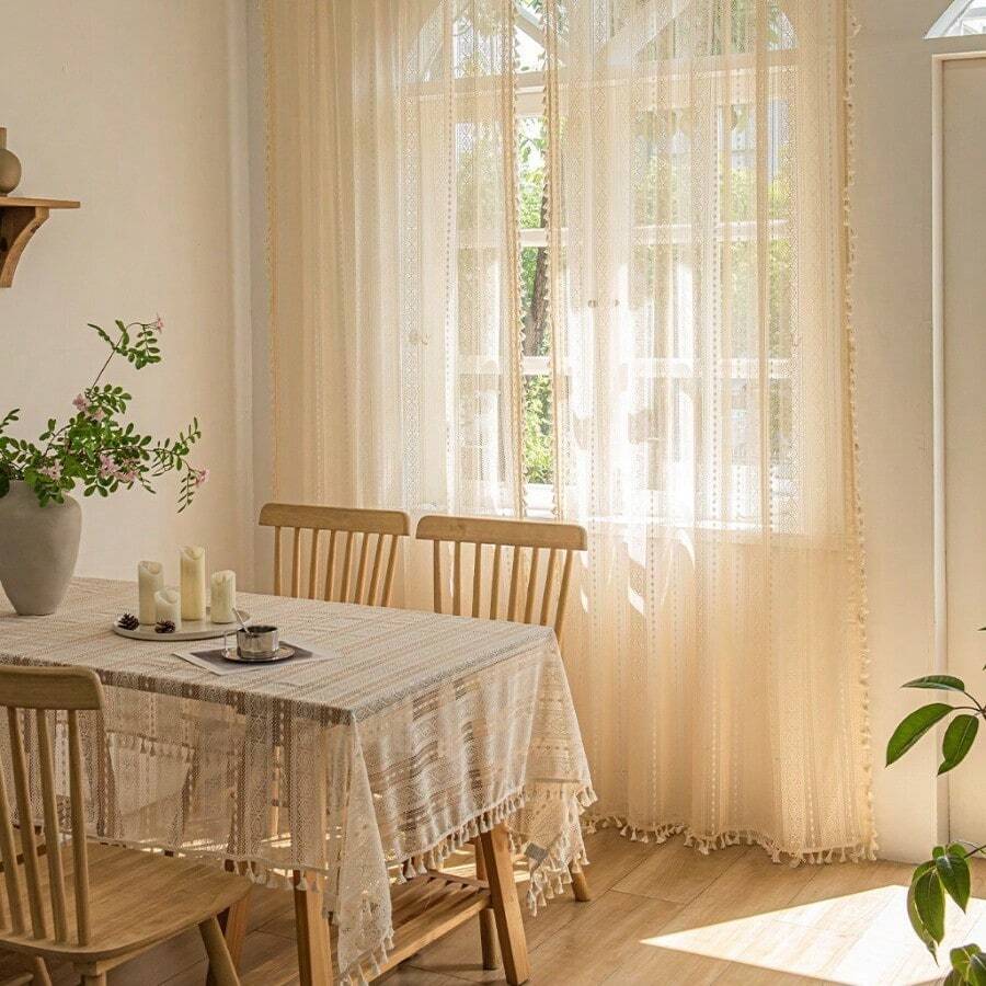 1件米色波西米亞風極簡波點刺繡鏡面透視窗簾,半透明薄紗,易於懸掛,不含軌道/桿,適用於客廳、臥室、陽台、辦公室家居裝飾,四季皆宜 - 杏色 - 查看 1