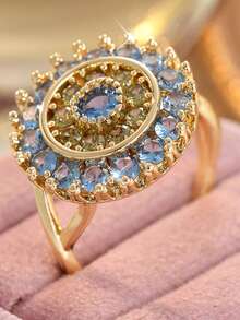 Bohemian Style Sunflower Design Double Layer Blue Synthetic Zirconia Inlaid Ring, Elegant Women's Ring, Sparkling Daily And Party Jewelry Accessory - Gold - View 11