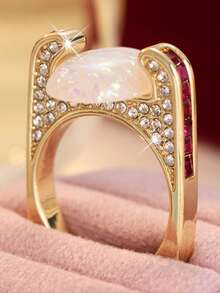 Fashionable Luxury Geometric Creative Gold Ring, Oval Ring With Sparkling Synthetic Cubic Zirconia. Versatile Jewelry For Parties, Banquets And Special Occasions - Multicolor - View 10