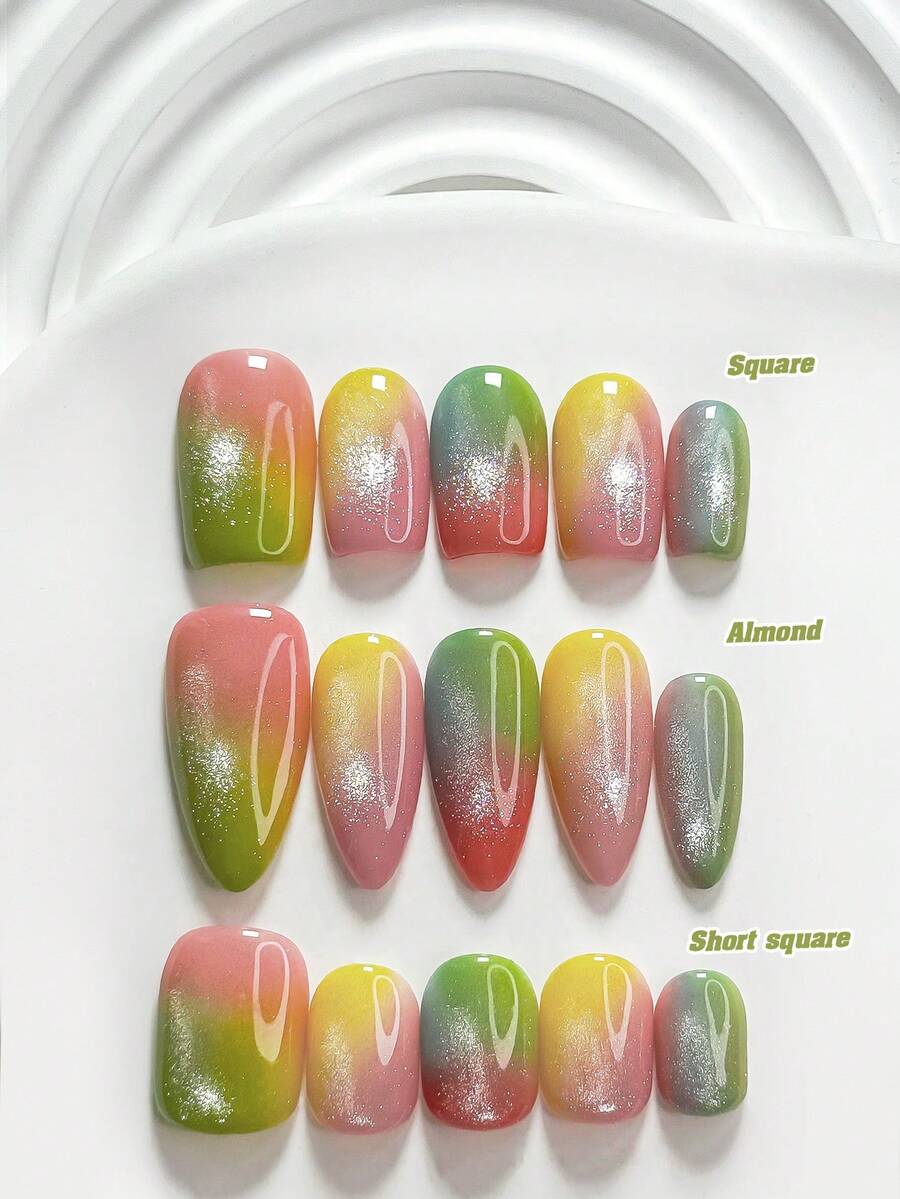 10件夏季手工穿戴式美甲，Polygel美甲套裝，彩色貓眼，粉色與黃色指甲油，極簡風格，含美甲工具，3種尺寸可選：方形、短方形、杏仁形，適合派對、跳舞、日常配戴 - 彩色 - 查看 1