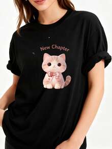 Camisetas de mujer de talla grande 100% algodón, con diseño de gato y lazo rosa - camiseta casual de cuello redondo, adecuada para primavera y verano, regalo de graduación, perfecta para ama - Blanco - Ver 5