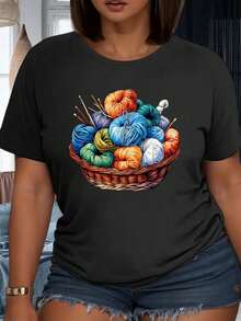 Camiseta de punto y crochet con diseño artístico y colorido para mujeres amantes de las manualidades, ropa casual para fiestas. - Negro - Ver 1
