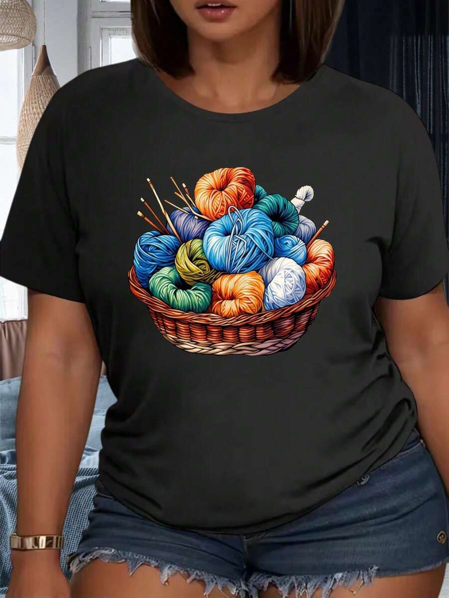 Camiseta de punto y crochet con diseño artístico y colorido para mujeres amantes de las manualidades, ropa casual para fiestas. - Negro - Ver 1