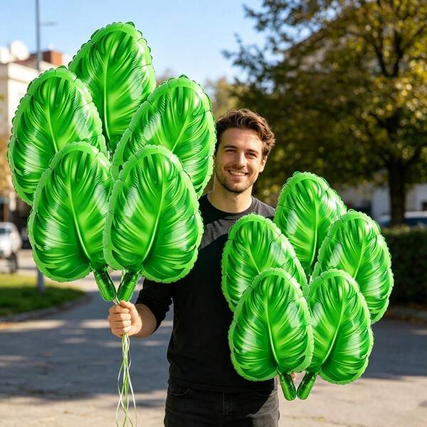 10 buah Balon Foil Daun Monstera Hijau, Cocok untuk Dekorasi Pesta Bertema Tropis, Properti Foto Bertema Tanaman