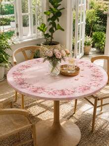 1Pc Pink Rose Round Stretch Tablecloth, Elegant Polyester Elastic Fitted Table Cover, Floral Wreath Print Washable Dustproof Table Protector Slipcover For Dining Table, Kitchen, Wedding, Party, Spring Home Decor - Multicolor - View 9