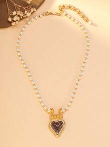 1pc French Vintage Faux Pearl Necklace, Luxury Purple & Green Heart Pendant Choker, Elegant Versatile Neck Chain For Women, Birthday Gift For Girlfriend - Multicolor - View 2