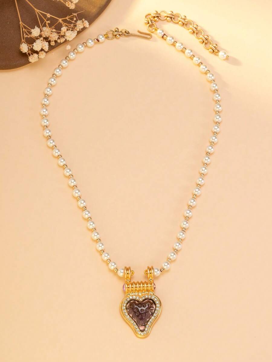 1pc French Vintage Faux Pearl Necklace, Luxury Purple & Green Heart Pendant Choker, Elegant Versatile Neck Chain For Women, Birthday Gift For Girlfriend