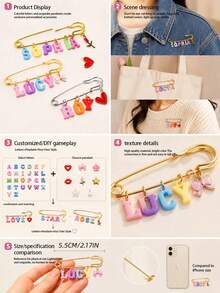 Custom Name Baby Safety Pin Brooch - Personalized Colorful Letter Pendant Brooch, Sweet Style Bow & Heart Children's Commemorative Jewelry, Birthday Gift - Multicolor - View 3