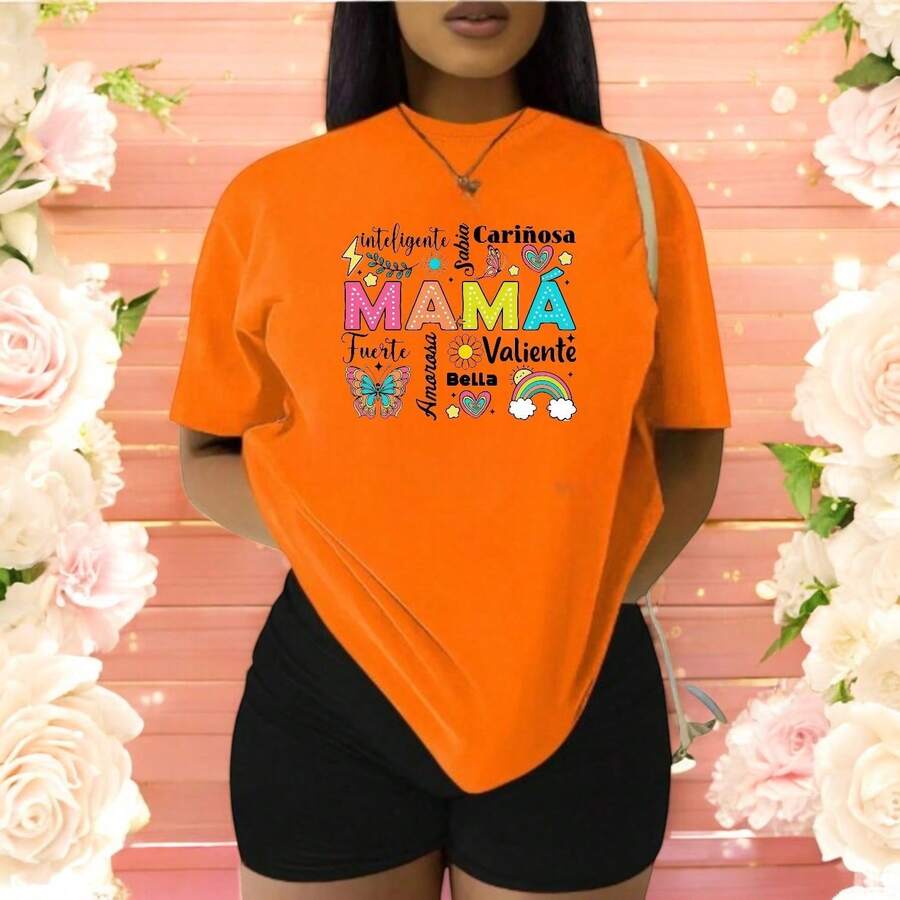 Fashionable Women's T-Shirt 2026, With Love Quotes, Casual And Emotional Clothing For Mother's Day Gift - 橘色 - 查看 1