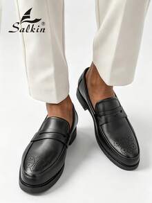 Salkin 時尚復古設計師男士樂福鞋一腳蹬便士紳士皮鞋布洛克優雅尖頭商務正裝鞋男士社交鞋素色鞋面防滑耐磨底日常休閒鞋男士開學季大學風學生鞋畢業典禮日常西裝百搭派對宴會婚禮時尚新郎鞋四季男鞋節日禮物，尺寸偏大，請選擇小一號 - 黑色 - 查看 6